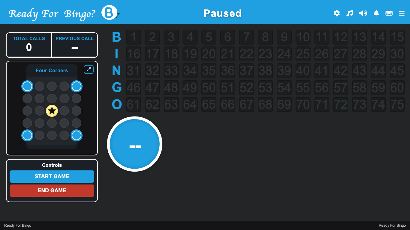 Ready For Bingo callboard with a 1-75 number grid, current ball, recent calls, and pattern preview