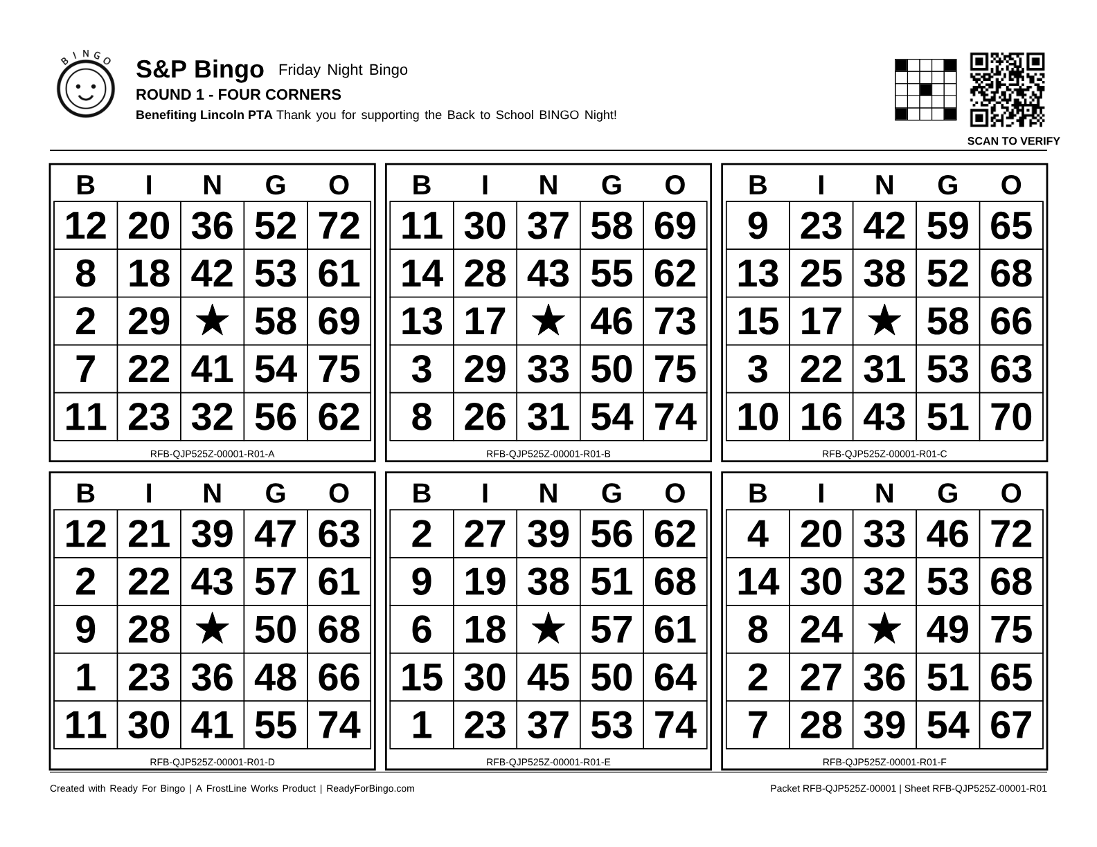 Landscape six-face bingo packet sheet with serials and a scan area